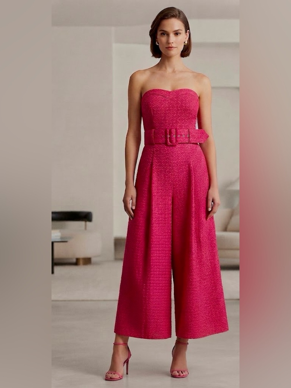 💕 Anthropologie Haley Strapless Jacquard ETT:TWA  Wide-Leg Jumpsuit Size 12 EUC